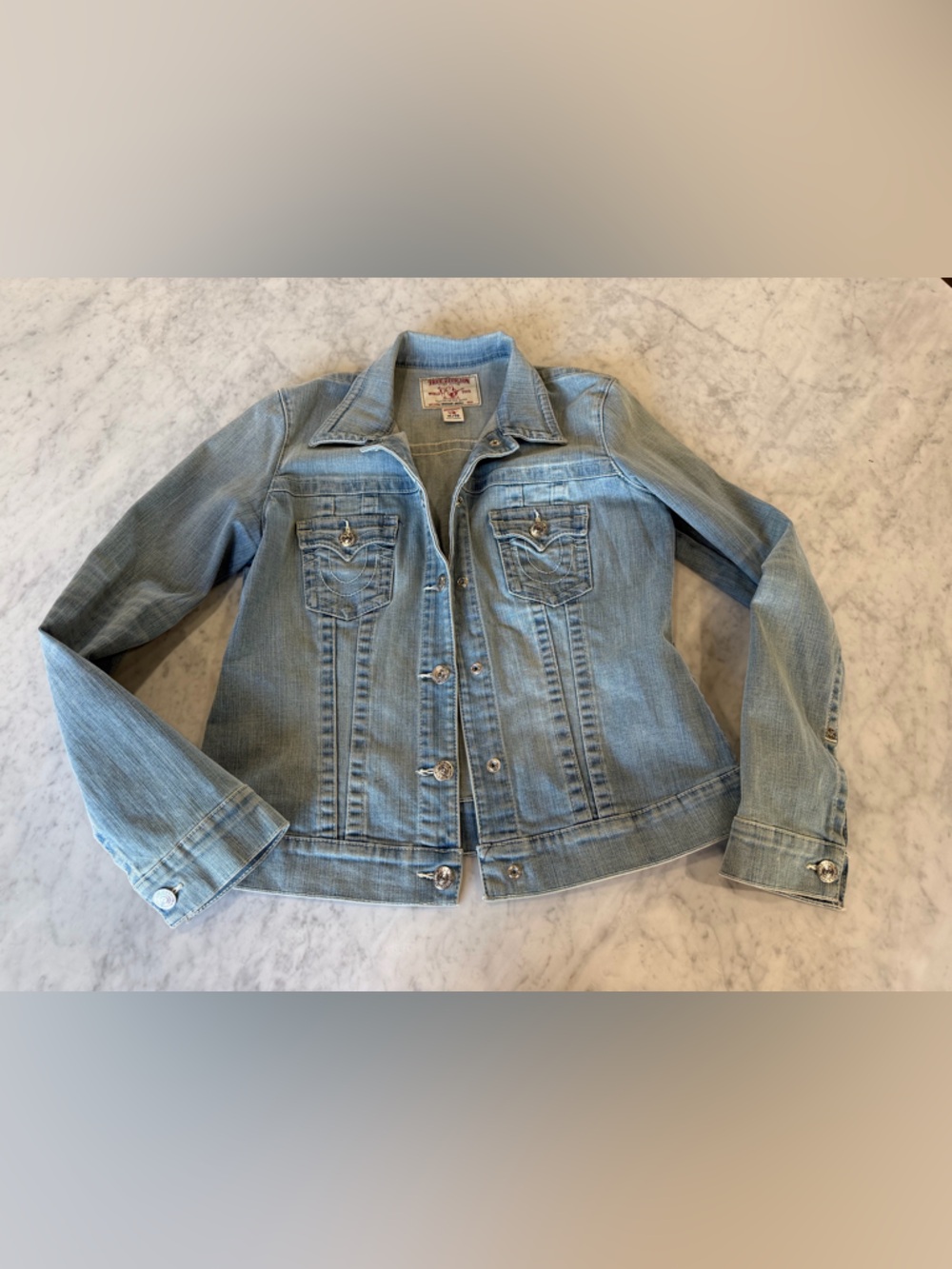 True Religion Light Blue Denim Jacket with Signature Stitching